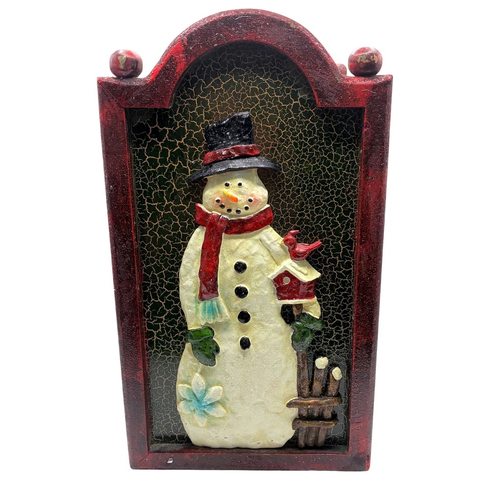 Rustic Wooden Box With Handle 10.25in Green & Burgundy Accents Snowman Cardinal